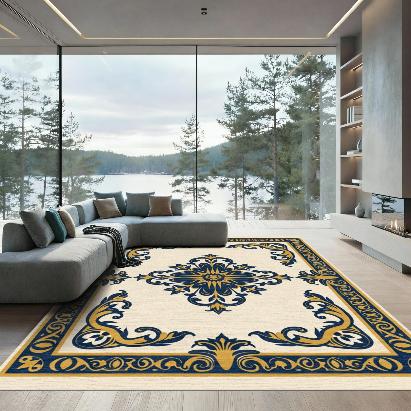 Navy Gold Floral Scroll Frame Rug