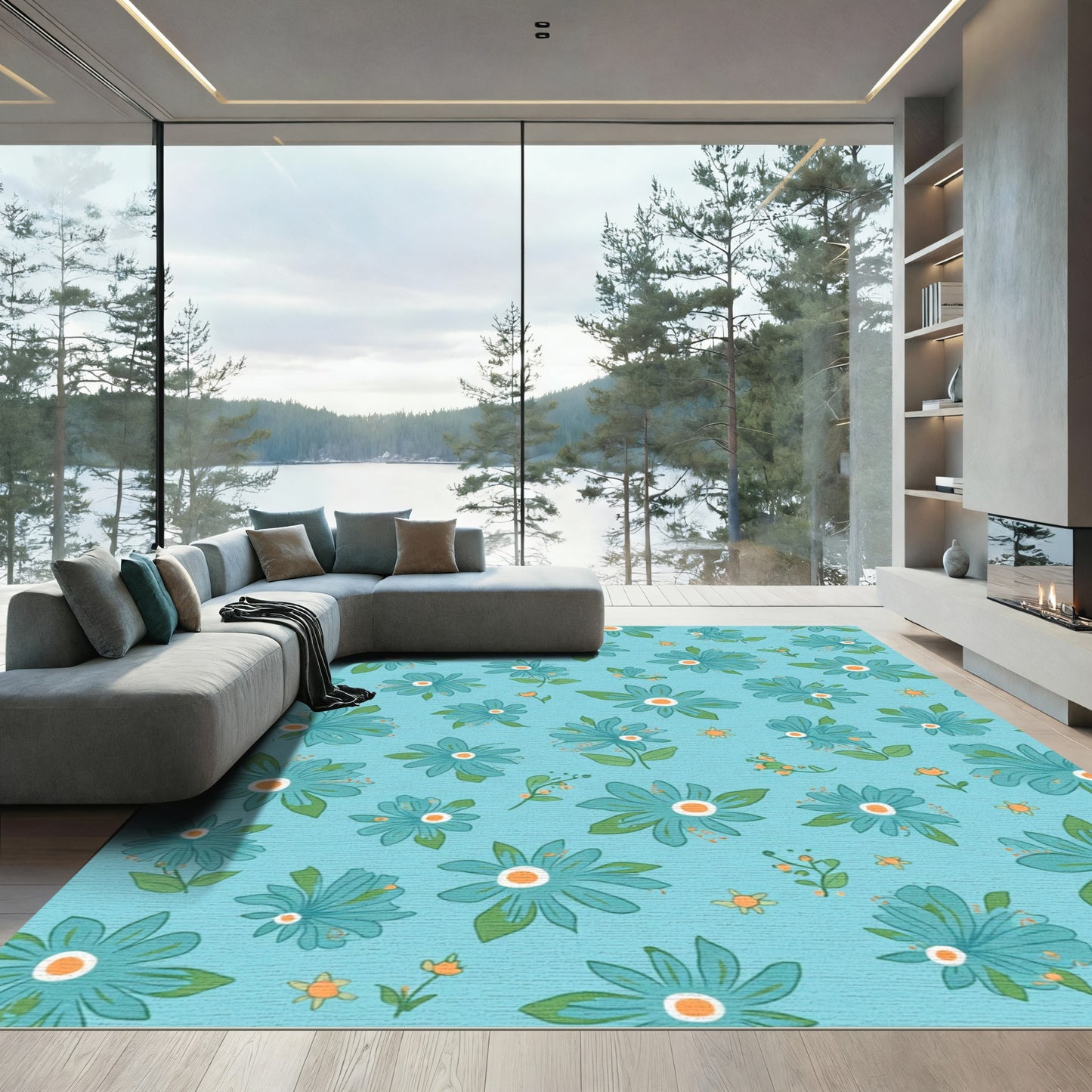 Aqua Blue Daisy Garden Rug