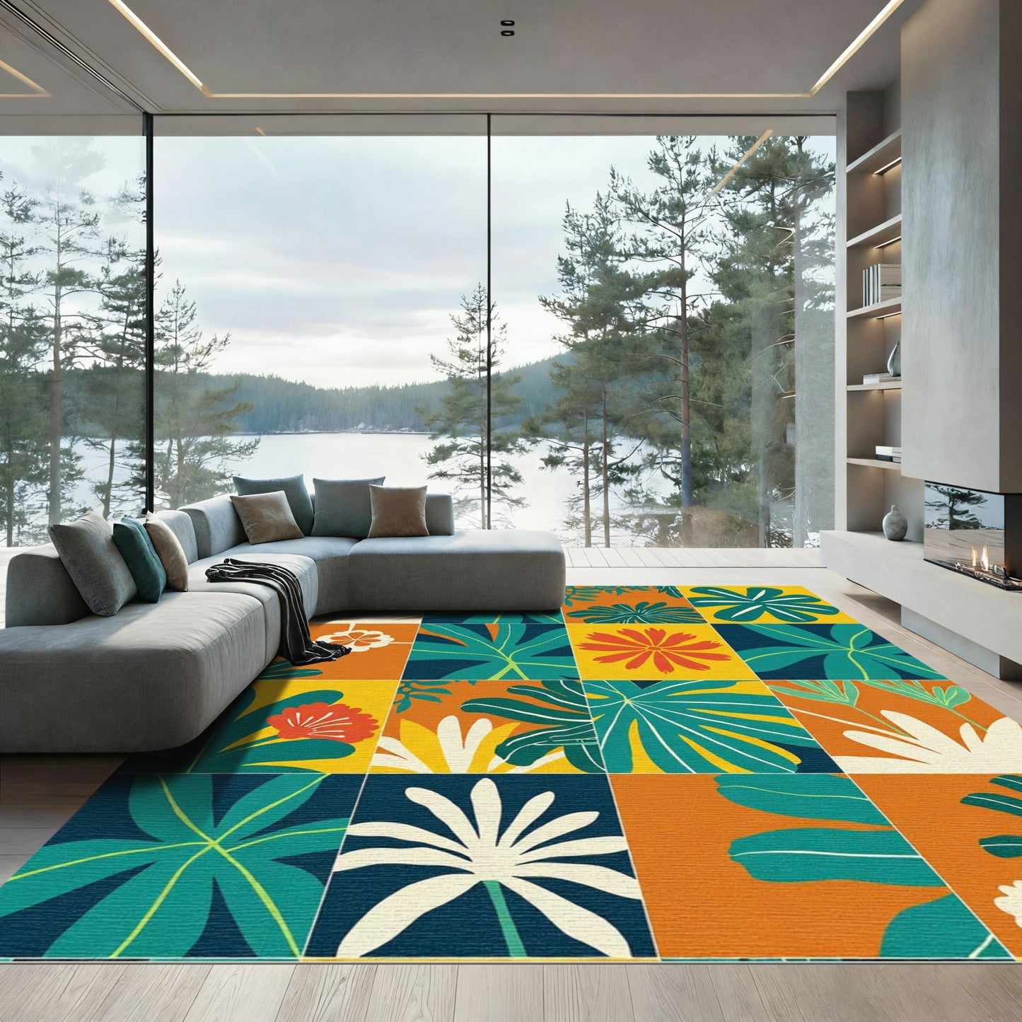 Tropical Leaves and Flowers Collage Rug