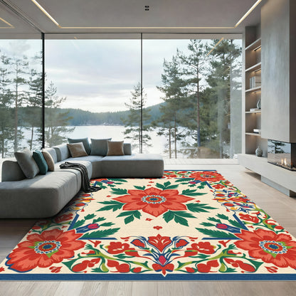 Crimson Flower Bordered Garden Rug