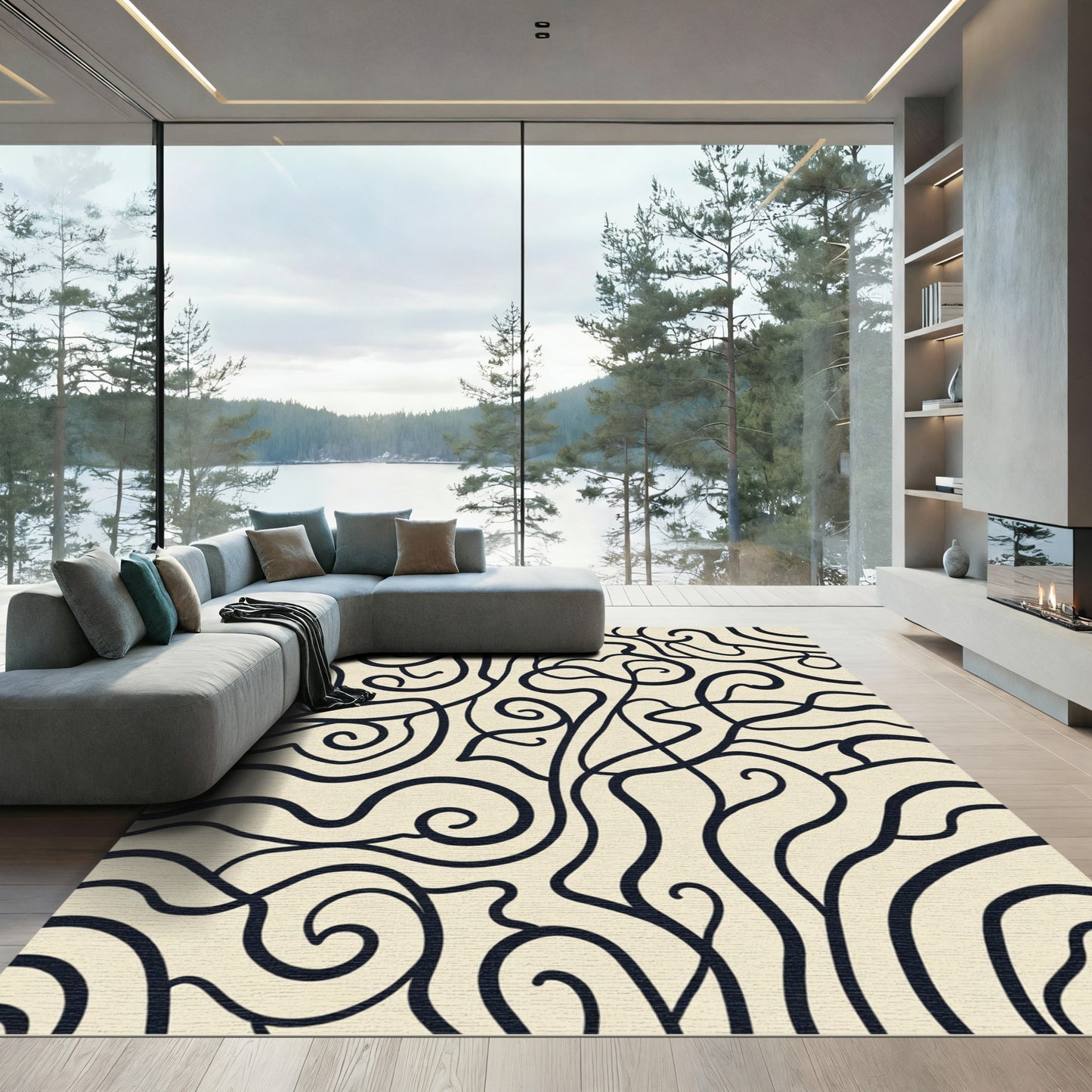 Cream Swirl Botanical Outline Rug