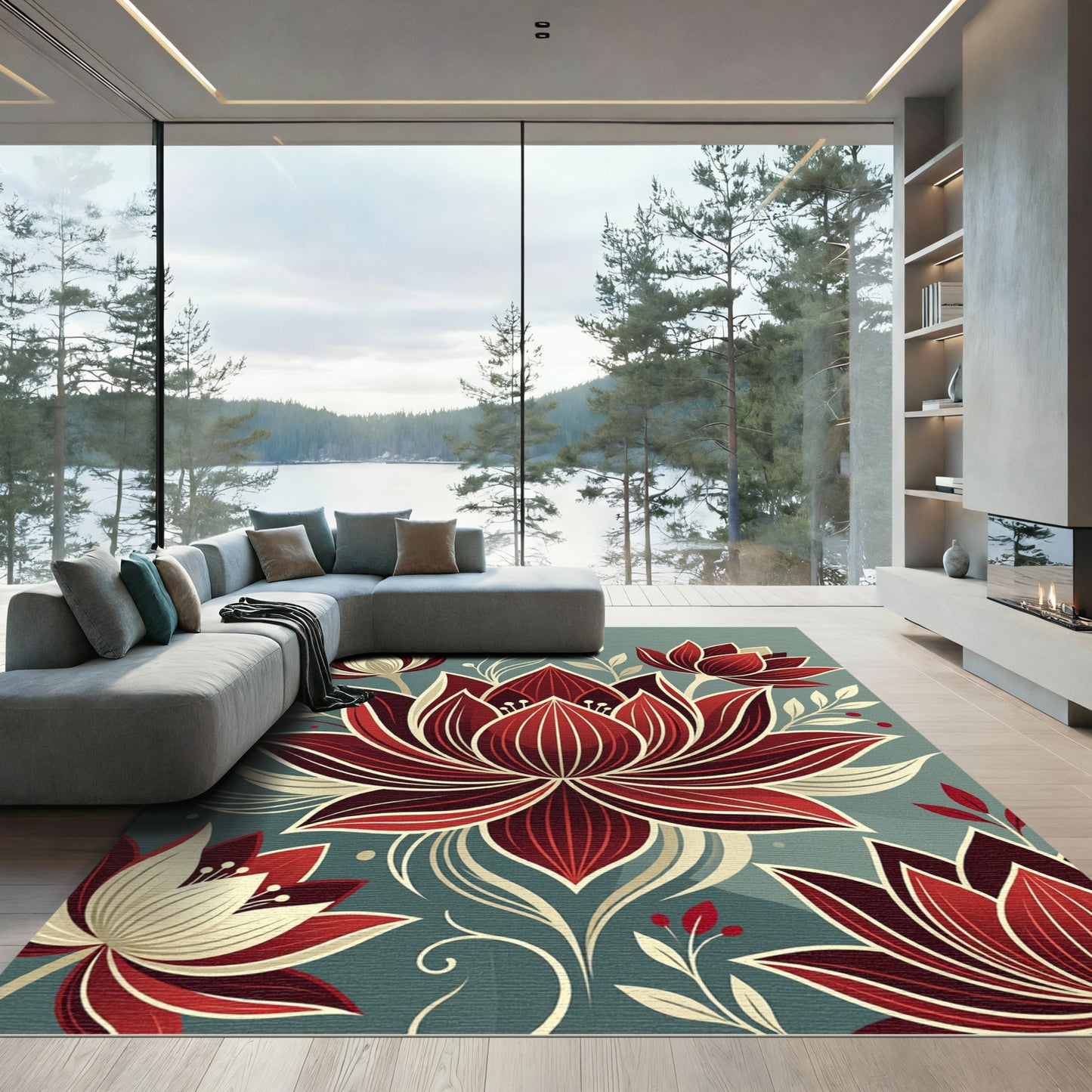 Crimson Lotus Garden Floral Rug