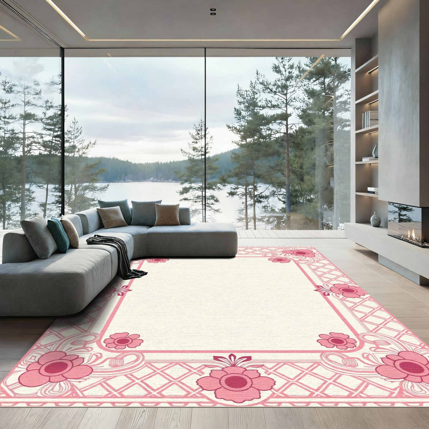 Pink Floral Lattice Corner Frame Rug