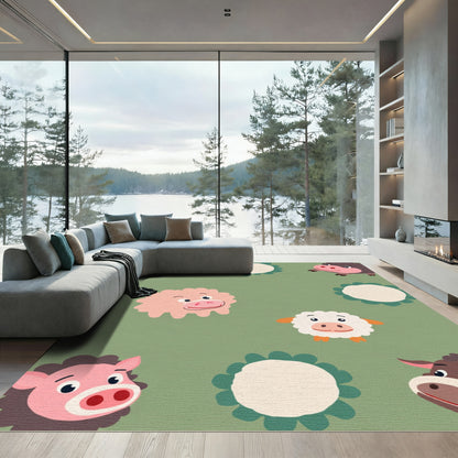 Whimsical Farm Animals Pink Blue Brown Rug