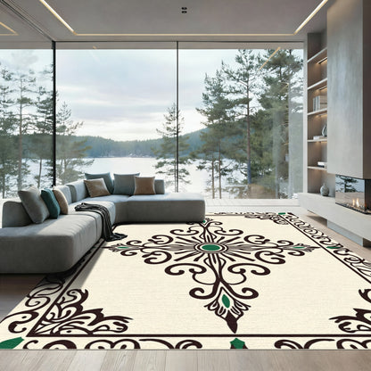 Cream And Emerald Scroll Medallion Rug