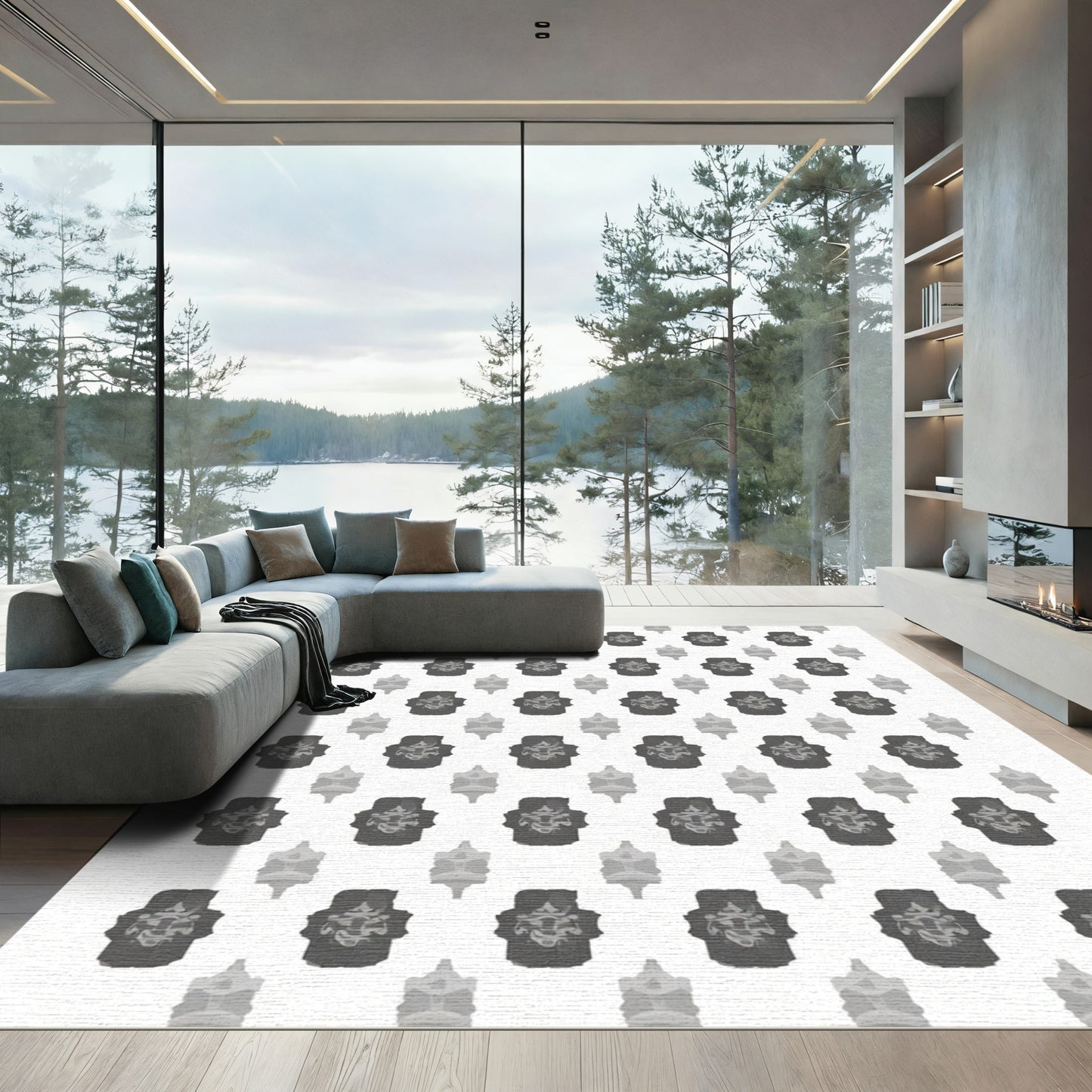 Monochromatic Dark Gray Geometric Pattern Rug