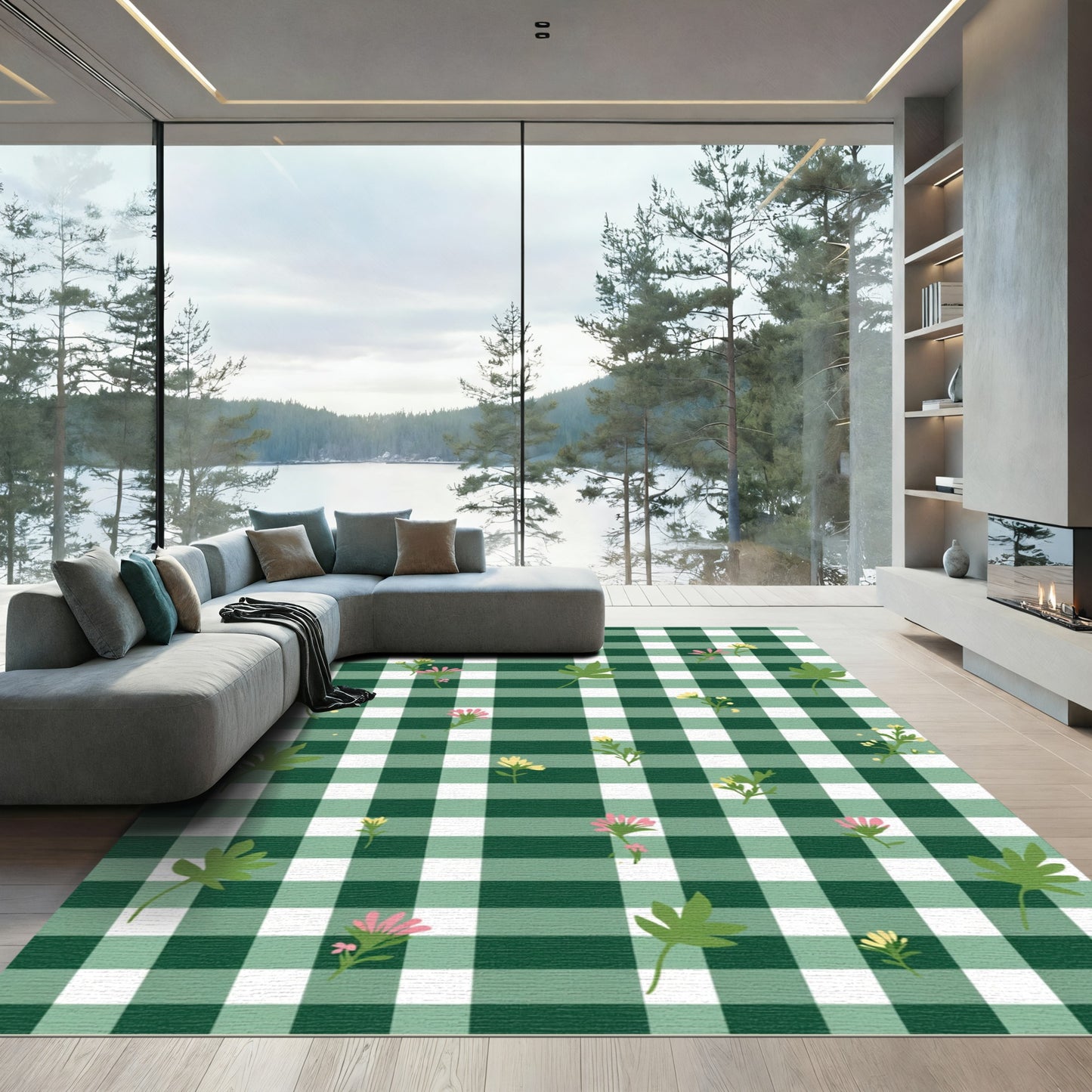 Green White Gingham Floral Meadow Rug