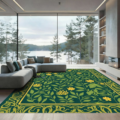 Dark Green Yellow Floral Vine Embrace Rug
