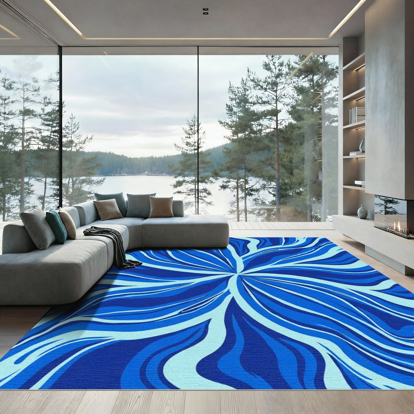 Abstract Swirls Deep Blue Ocean Rug