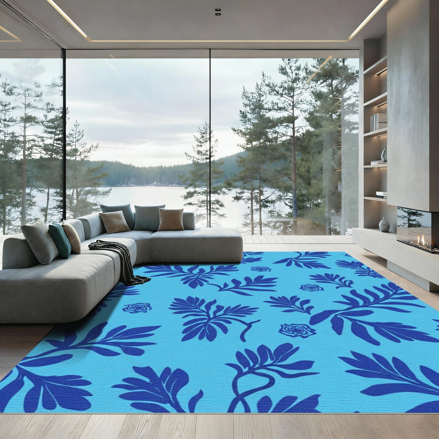 Deep Blue Tropical Branch Foliage Rug