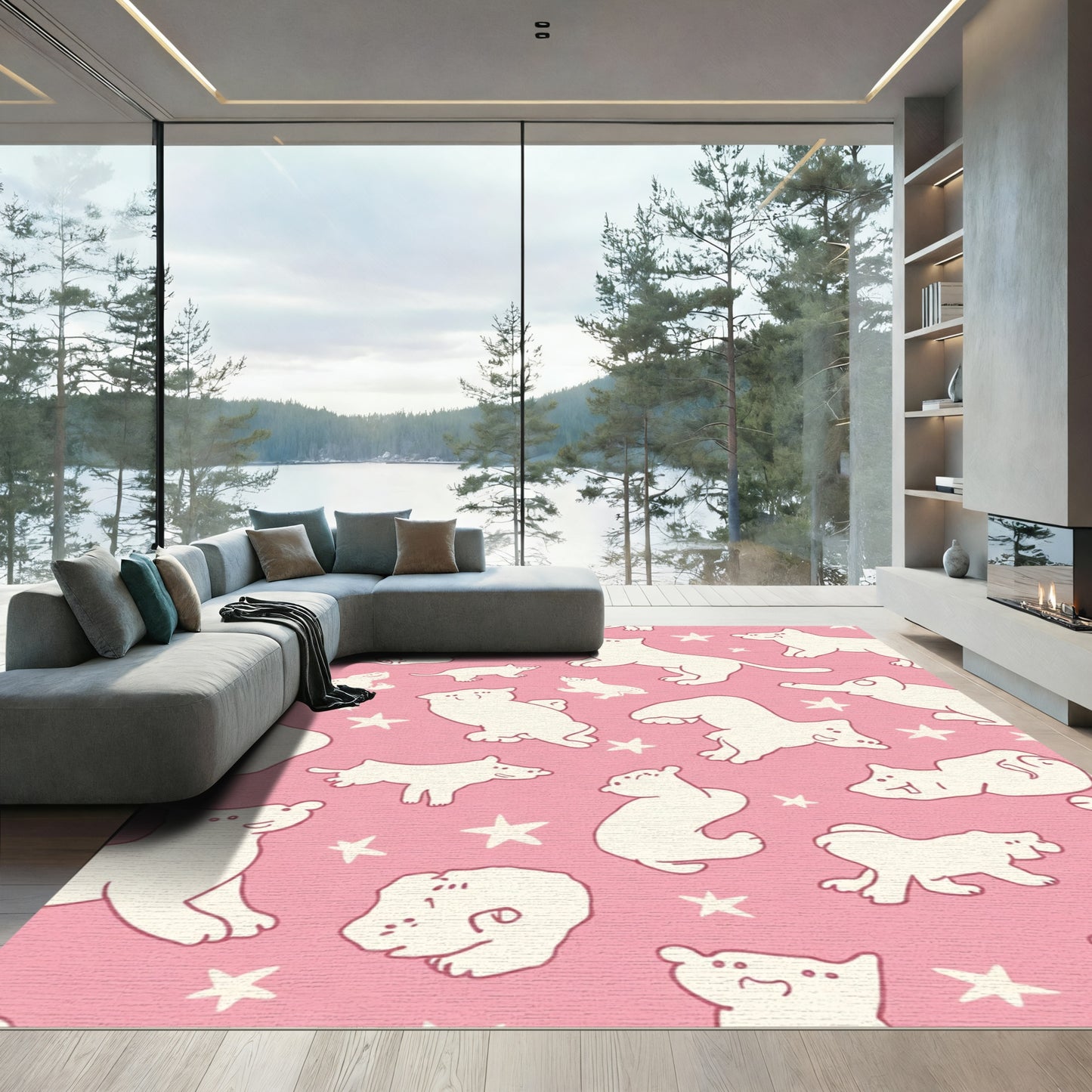 Pink Doodle Dogs Stars Artwork Rug