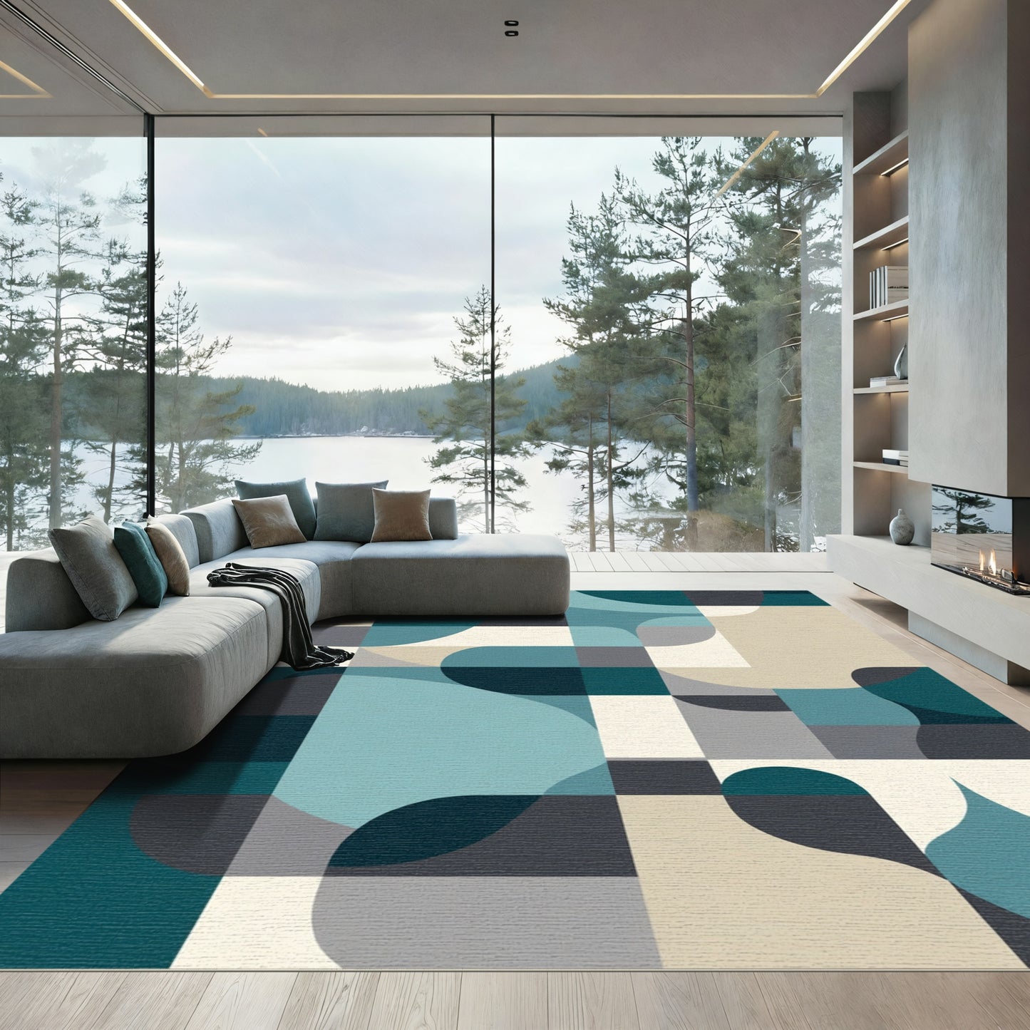 Teal Gray Abstract Geometric Curves Rug