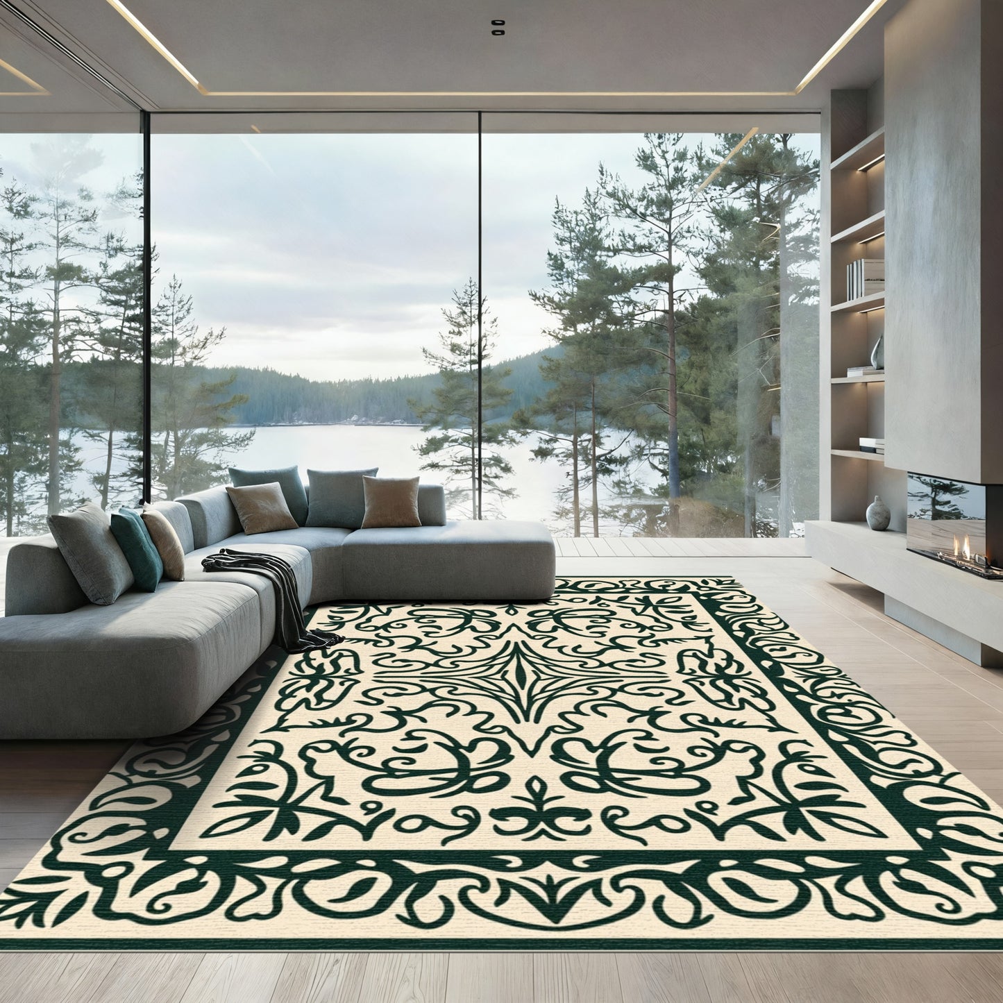 Ornate Dark Green Scrollwork Frame Rug