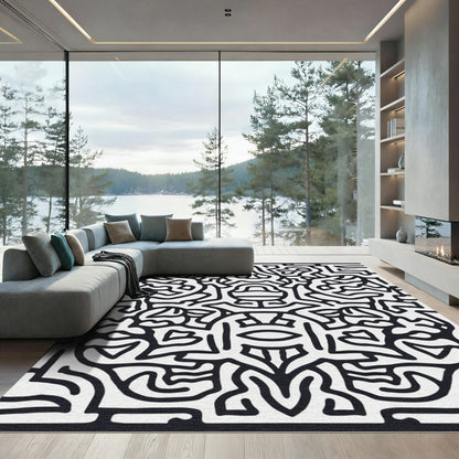 Black White Abstract Line Art Rug