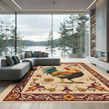 Rustic Rooster Floral Border Rug
