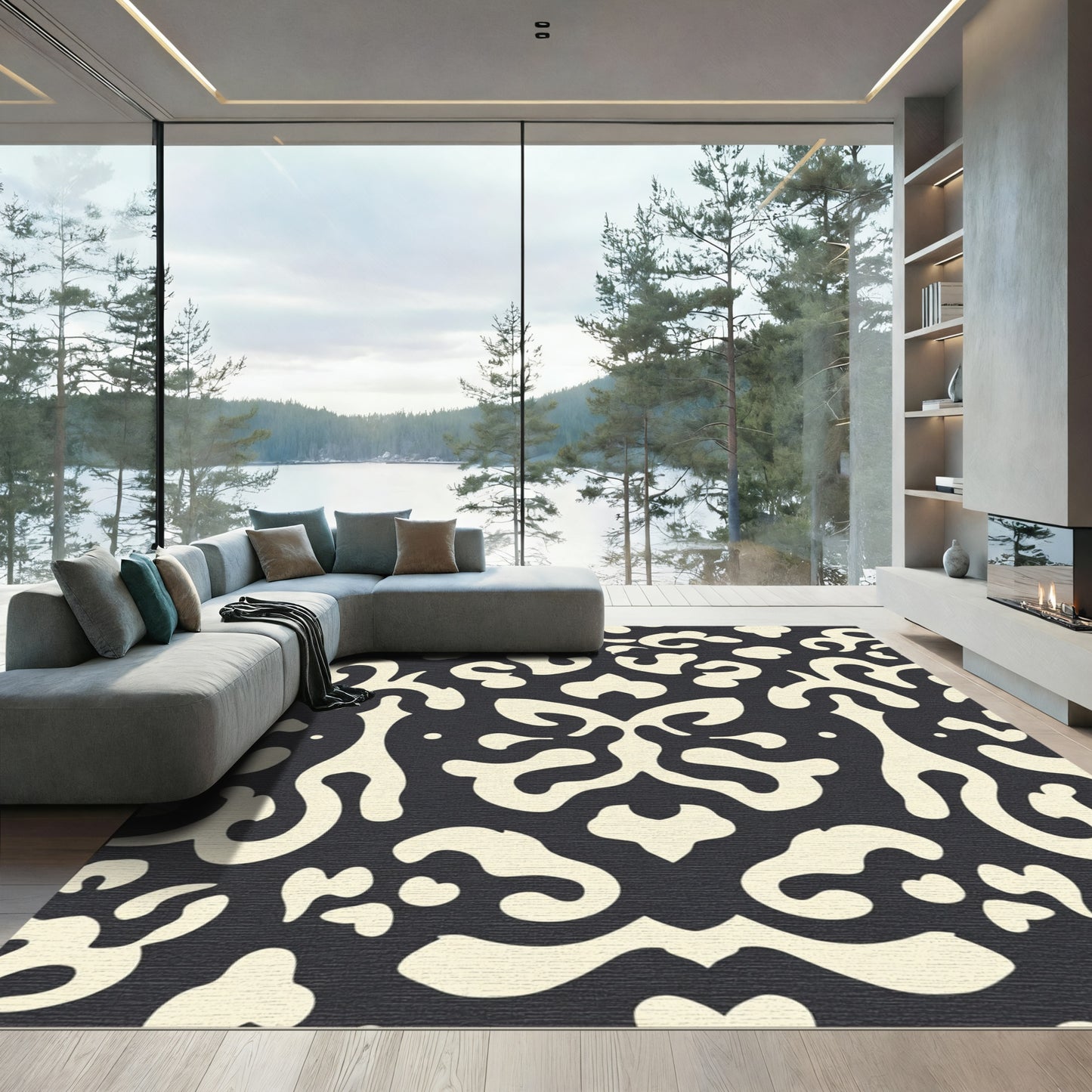Cream and Charcoal Baroque Scroll Rug