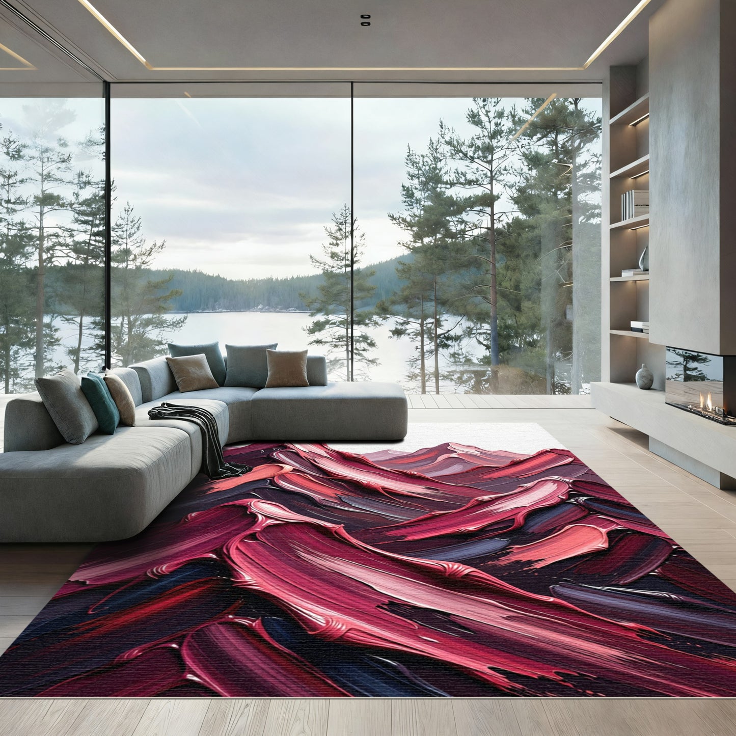Crimson Abstract Impasto Mountains Rug