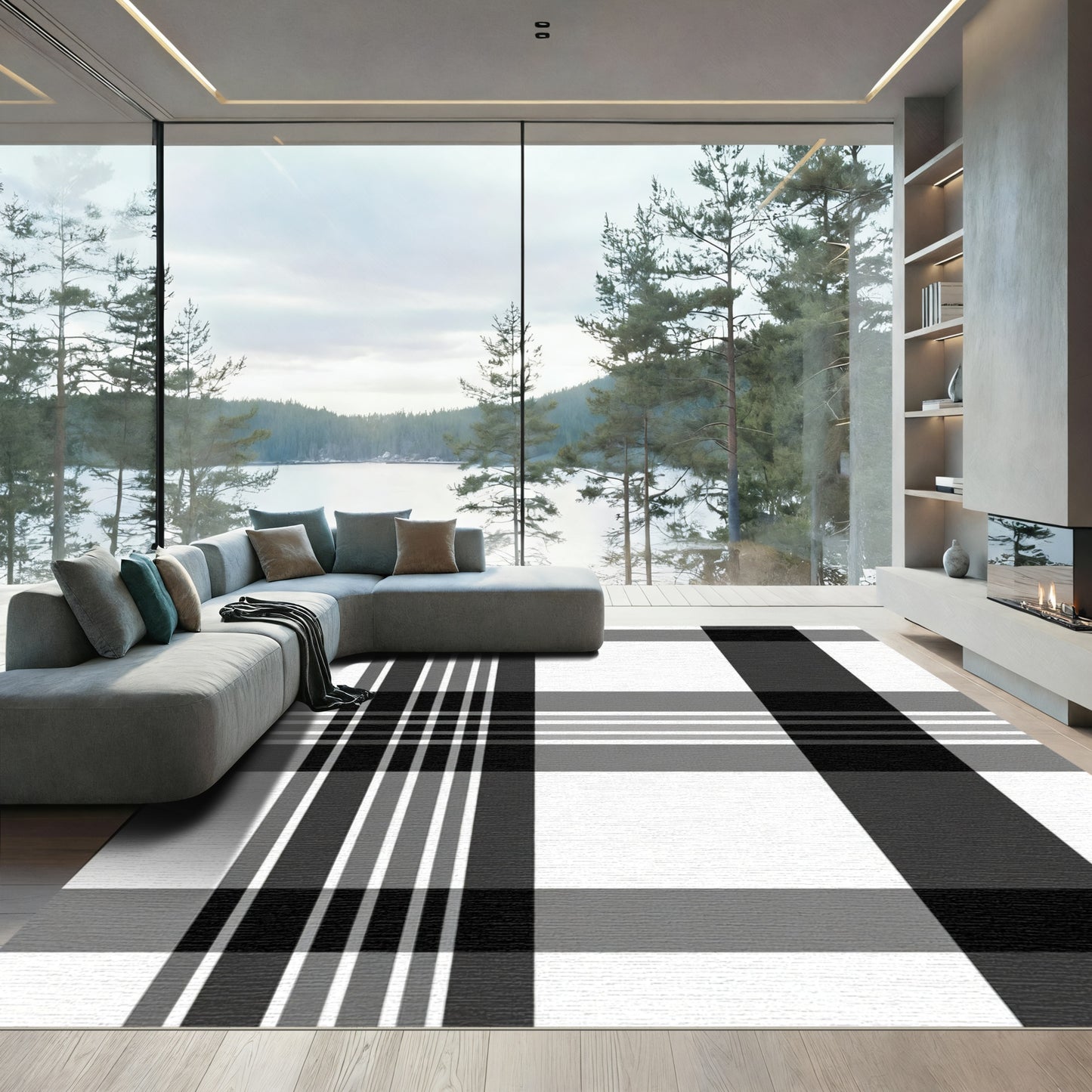 Classic Black White Gray Plaid Rug