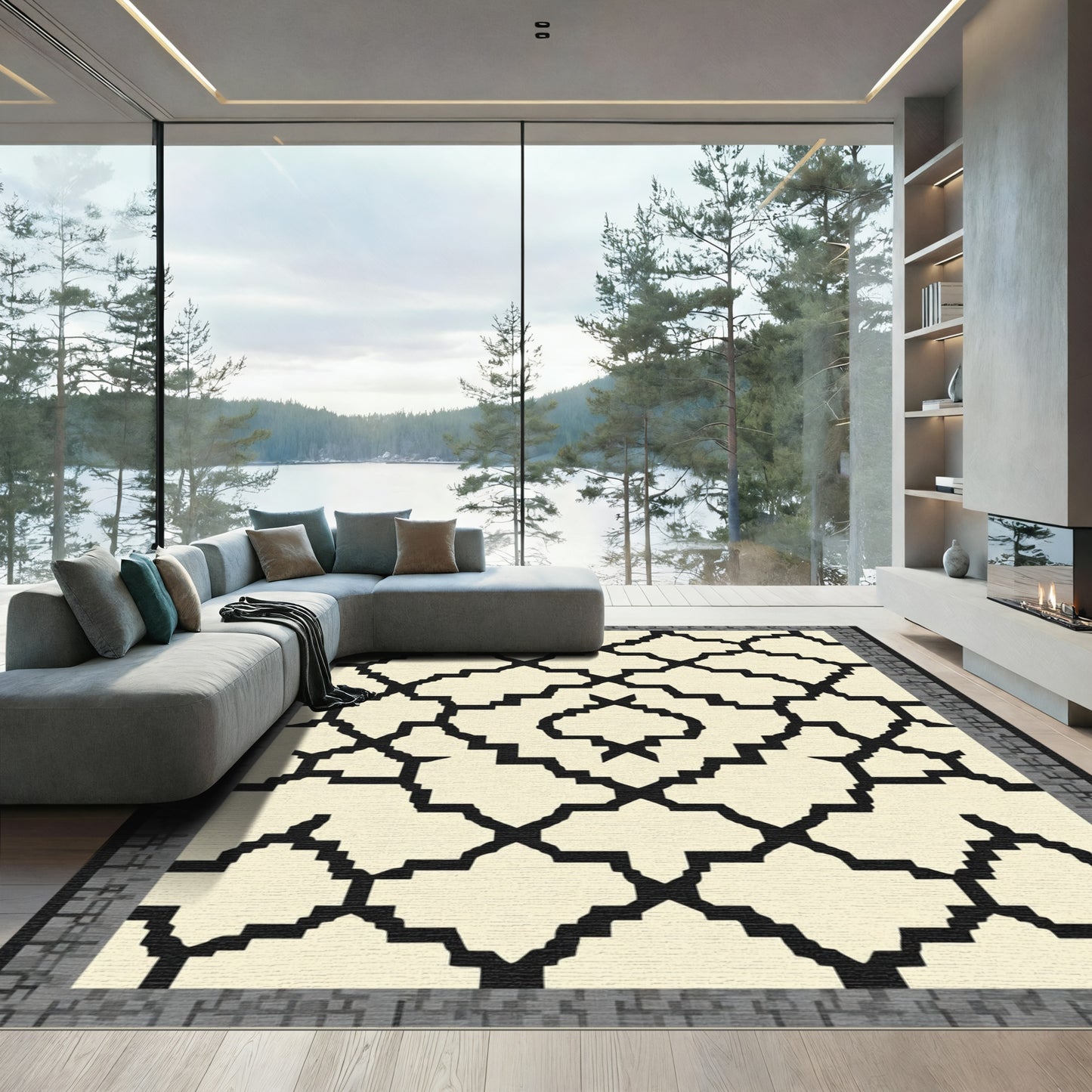 Cream Black Quatrefoil Geometric Layout Rug