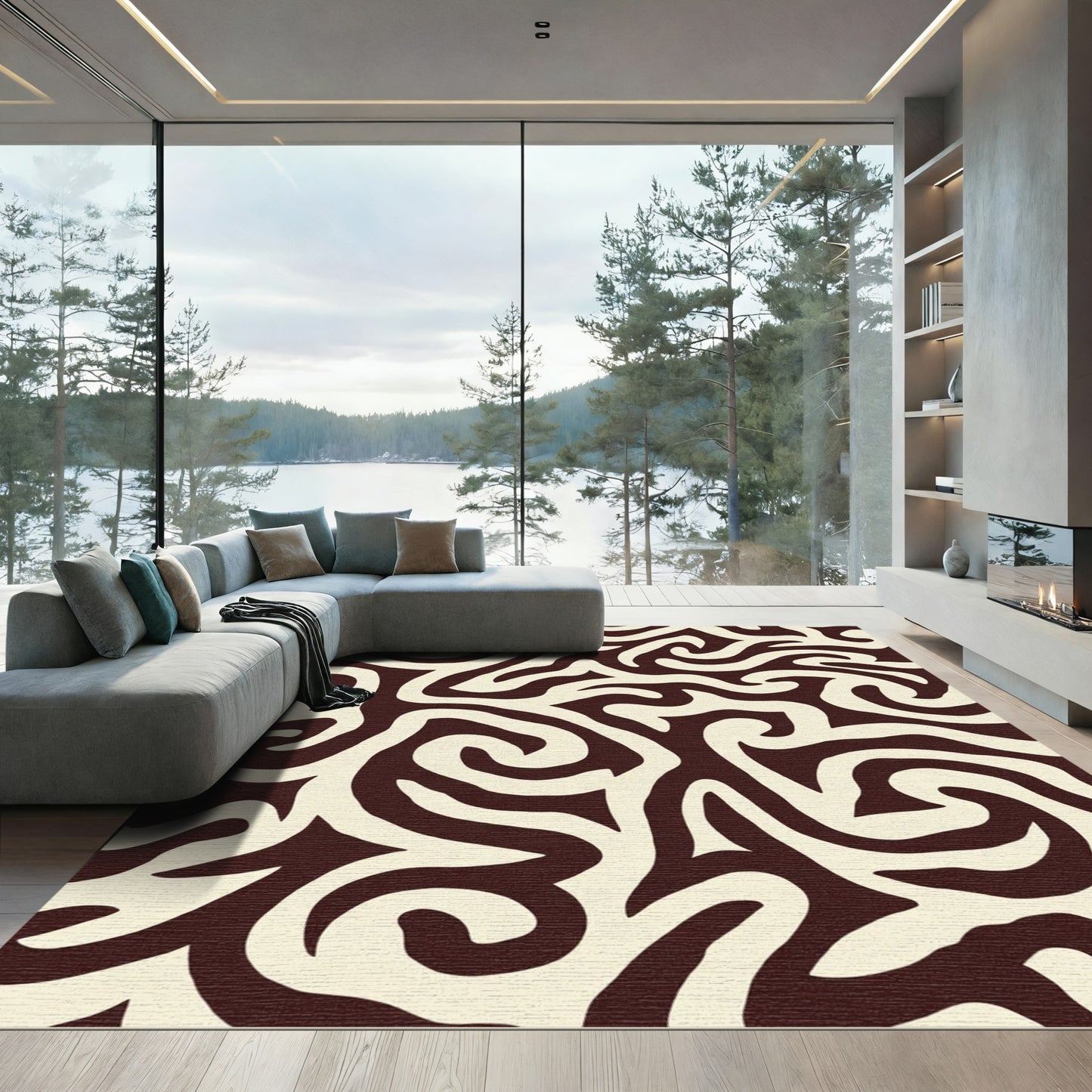 Cream and Dark Brown Swirl Abstraction Rug