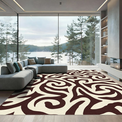 Cream and Dark Brown Swirl Abstraction Rug