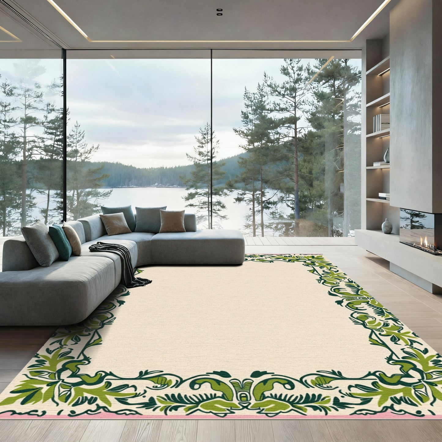 Serene Ivory Green Floral Scroll Rug