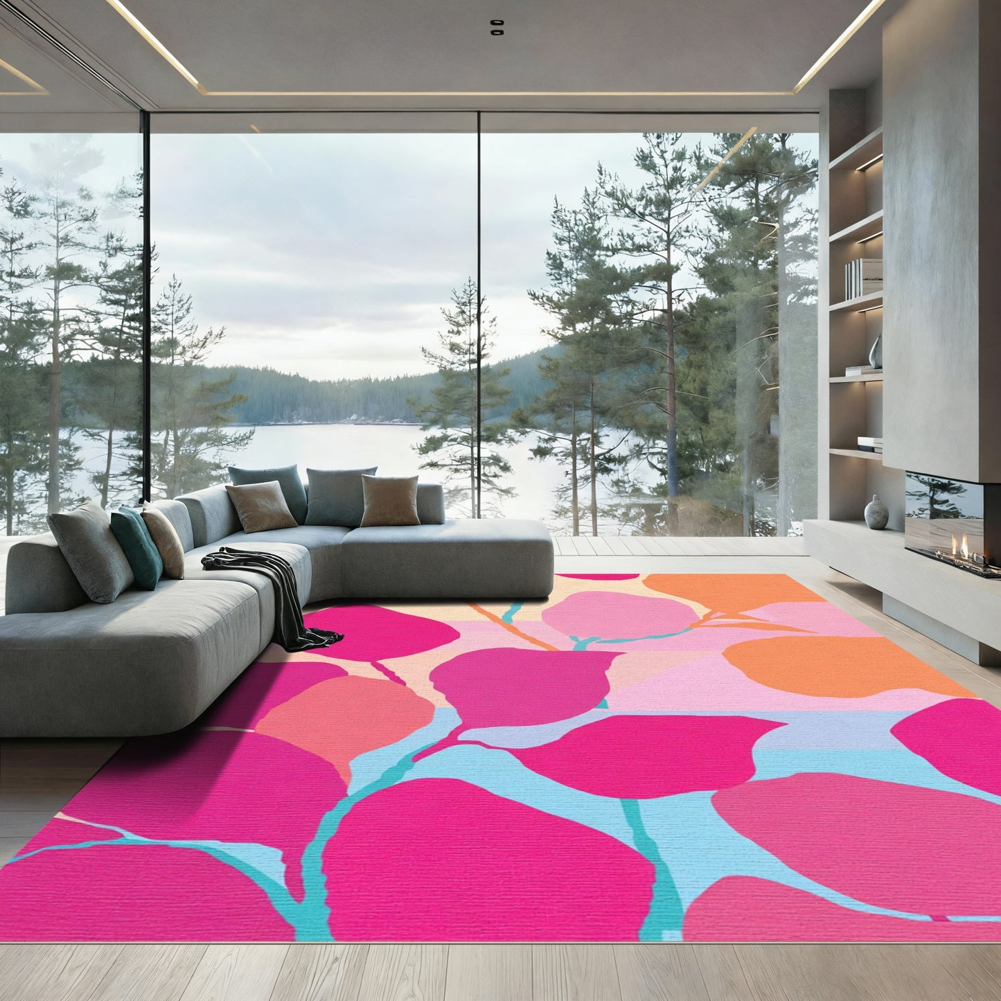 Bold Magenta Pink Tropical Foliage Rug