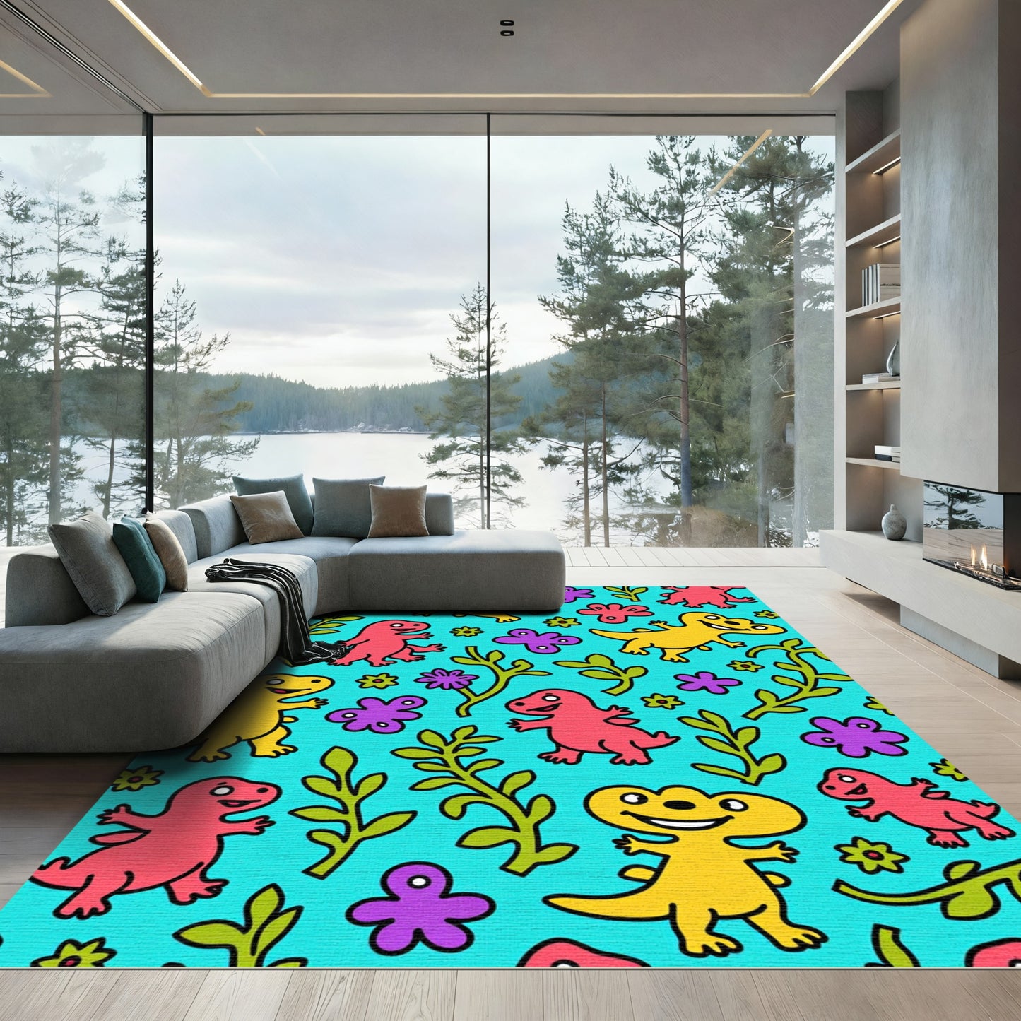 Whimsical Dinosaur Floral Garden Rug