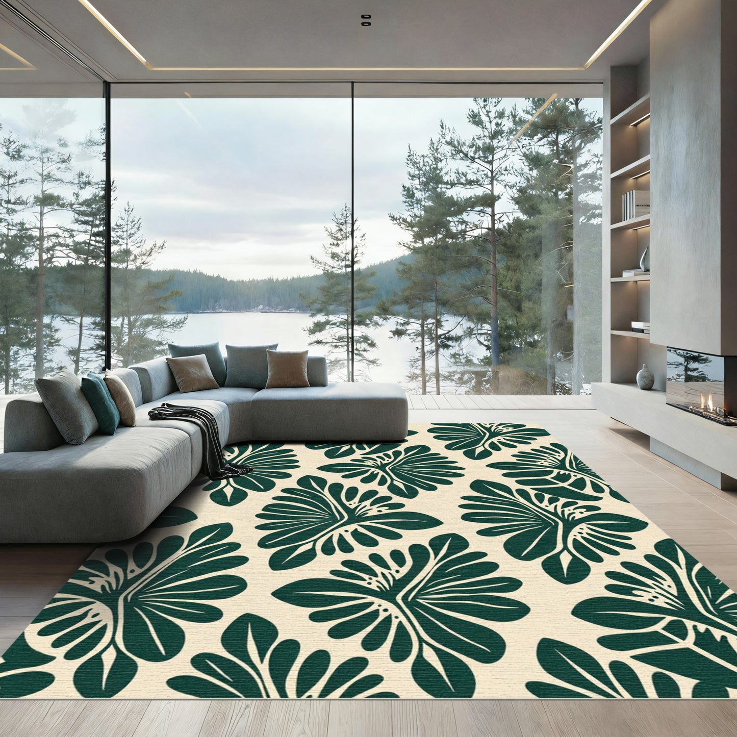 Dark Green Fern Leaf Pattern Rug
