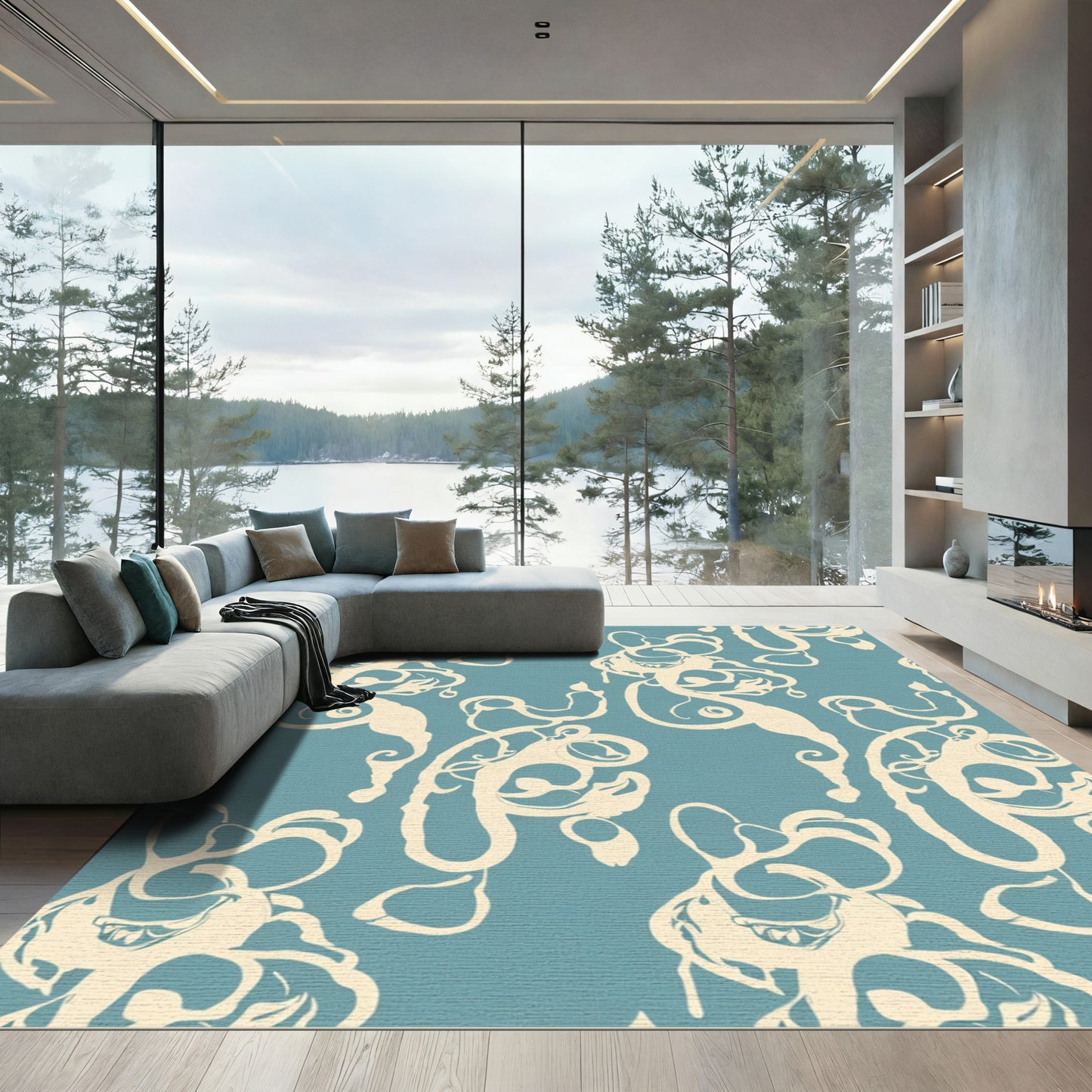 Cream Swirls on Teal Background Rug