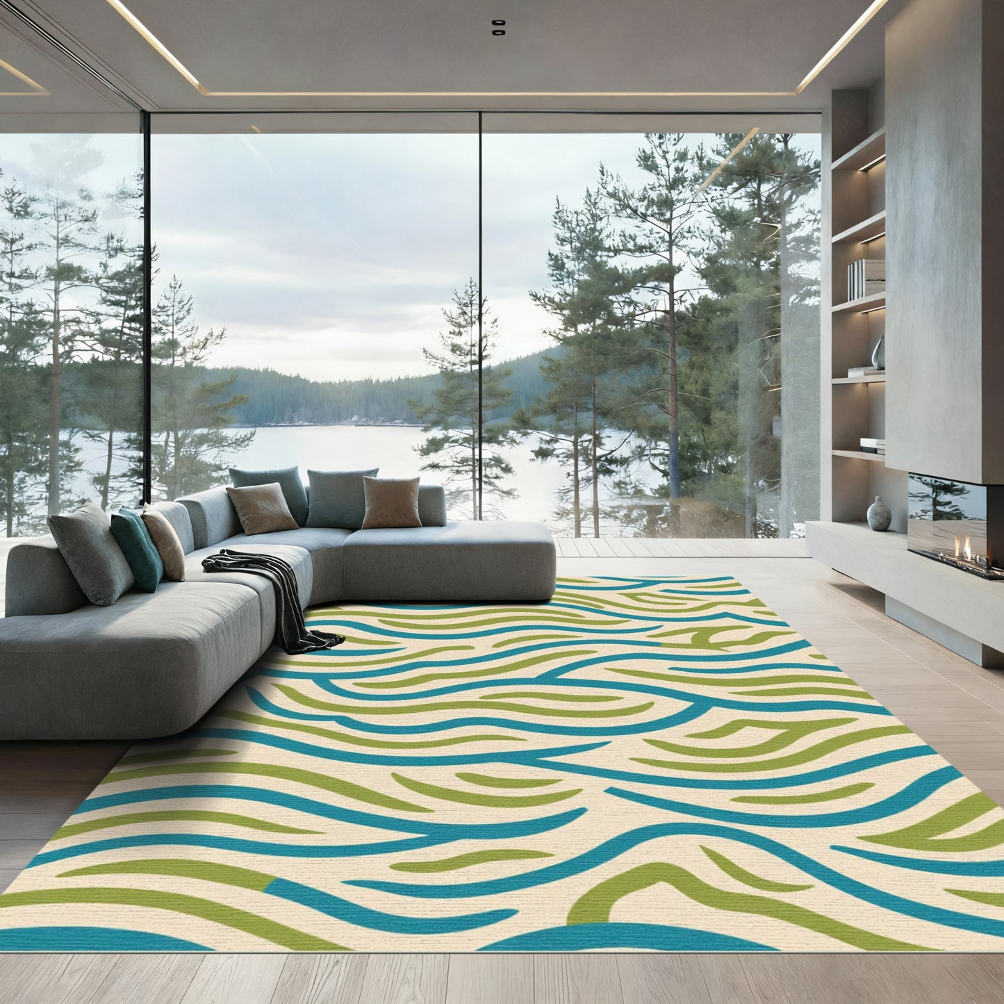 Beige Blue Green Wavy Lines Rug