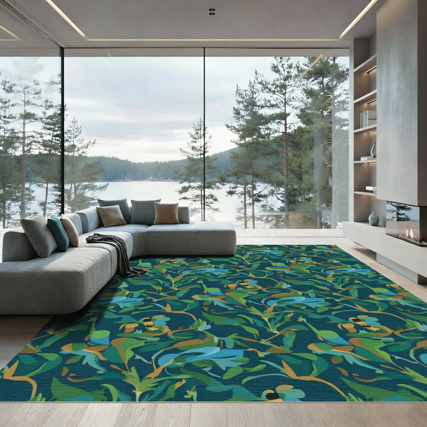 Deep Teal Tropical Foliage Medley Rug