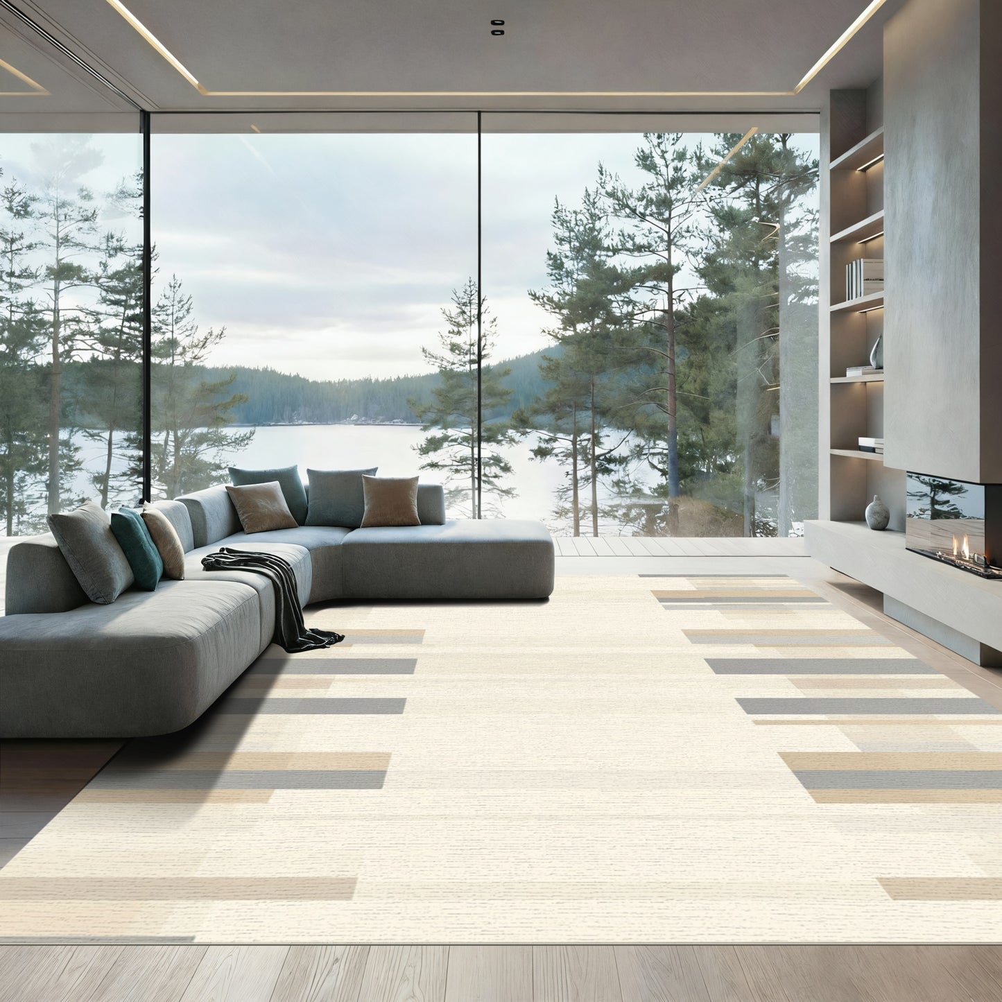 Neutral Beige Gray Block Stripe Rectangles Rug