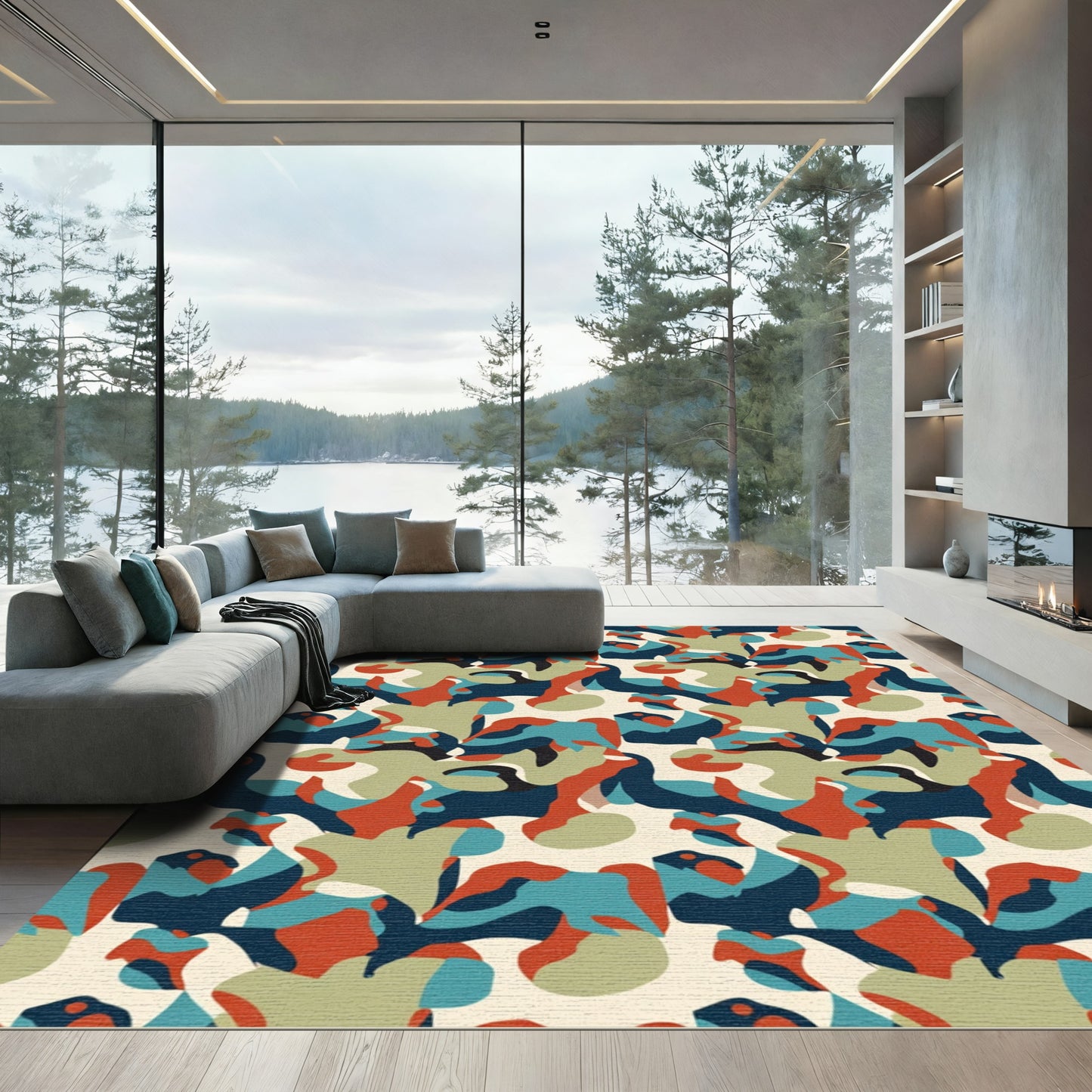 Abstract Organic Teal Orange Navy Rug