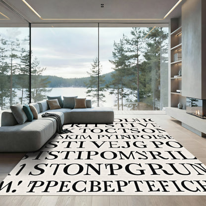 Black White Typographic Allover Text Rug