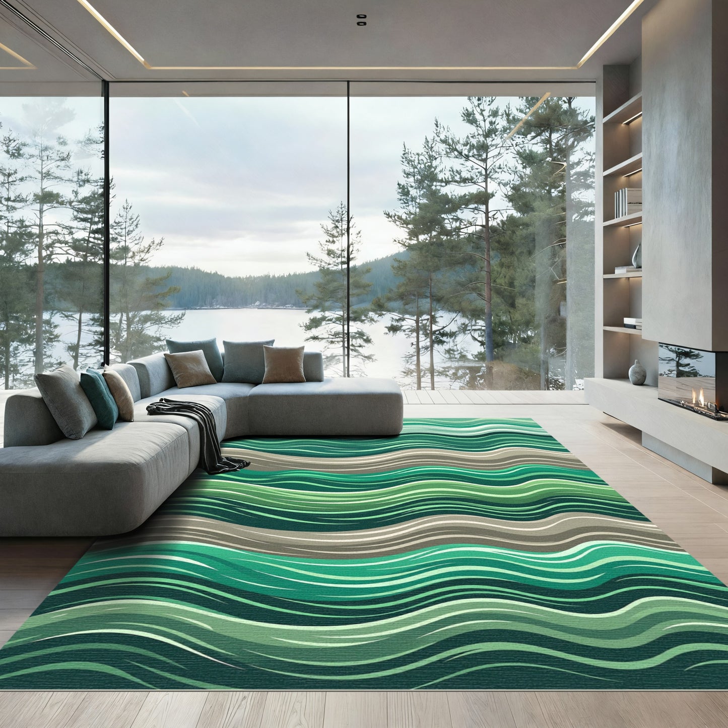 Deep Green Wavy River Abstract Rug