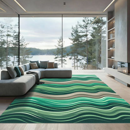 Deep Green Wavy River Abstract Rug