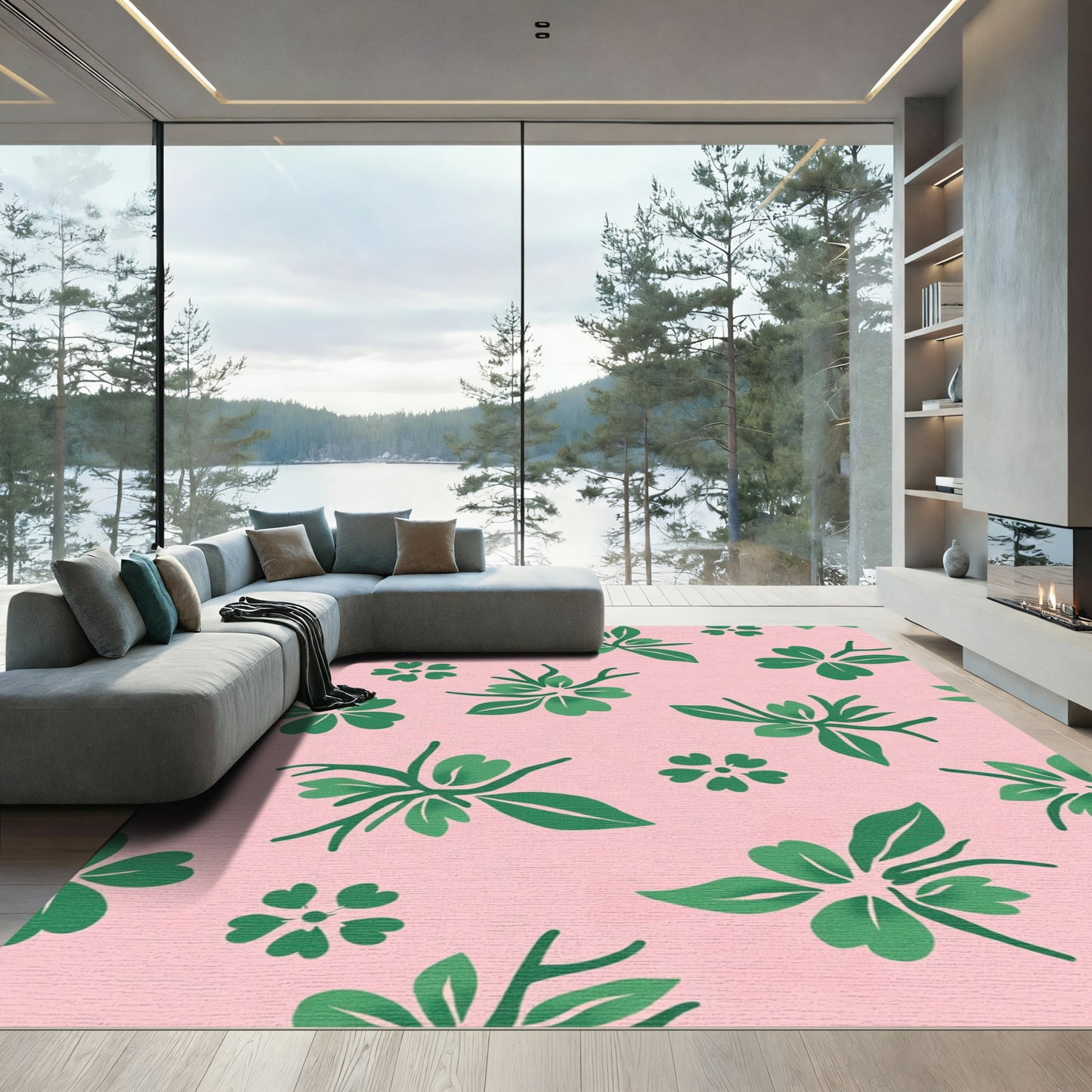 Whimsical Green Clover Floral Pink Rug