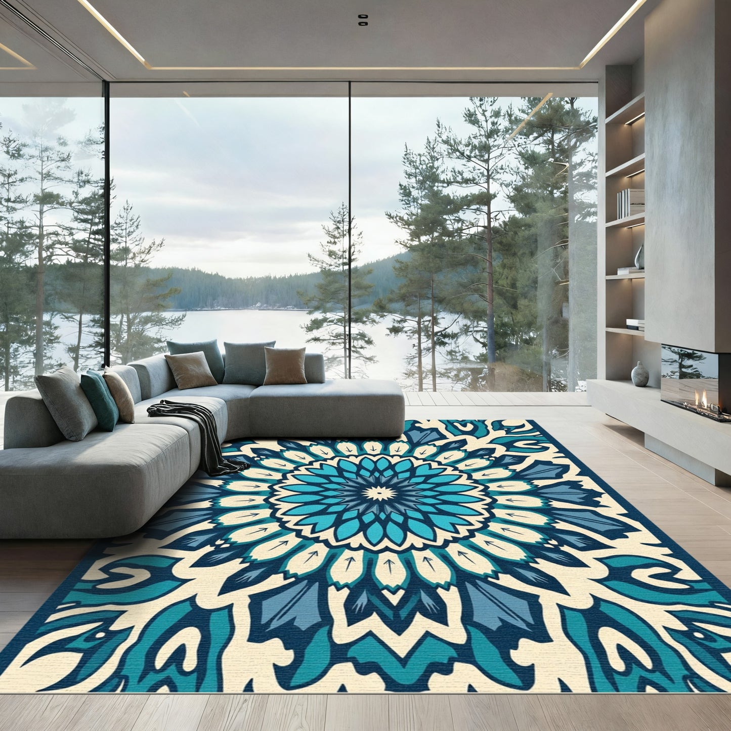 Serene Teal Blue Floral Mandala Rug