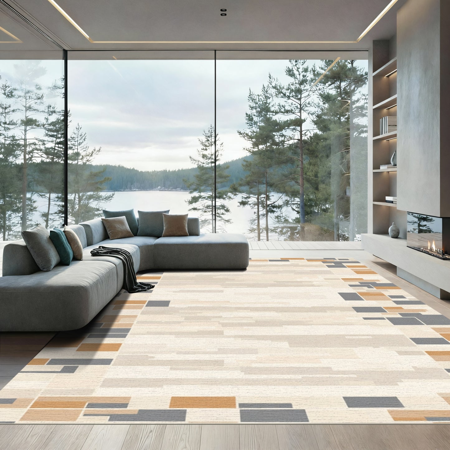 Neutral Modern Block Border Rug