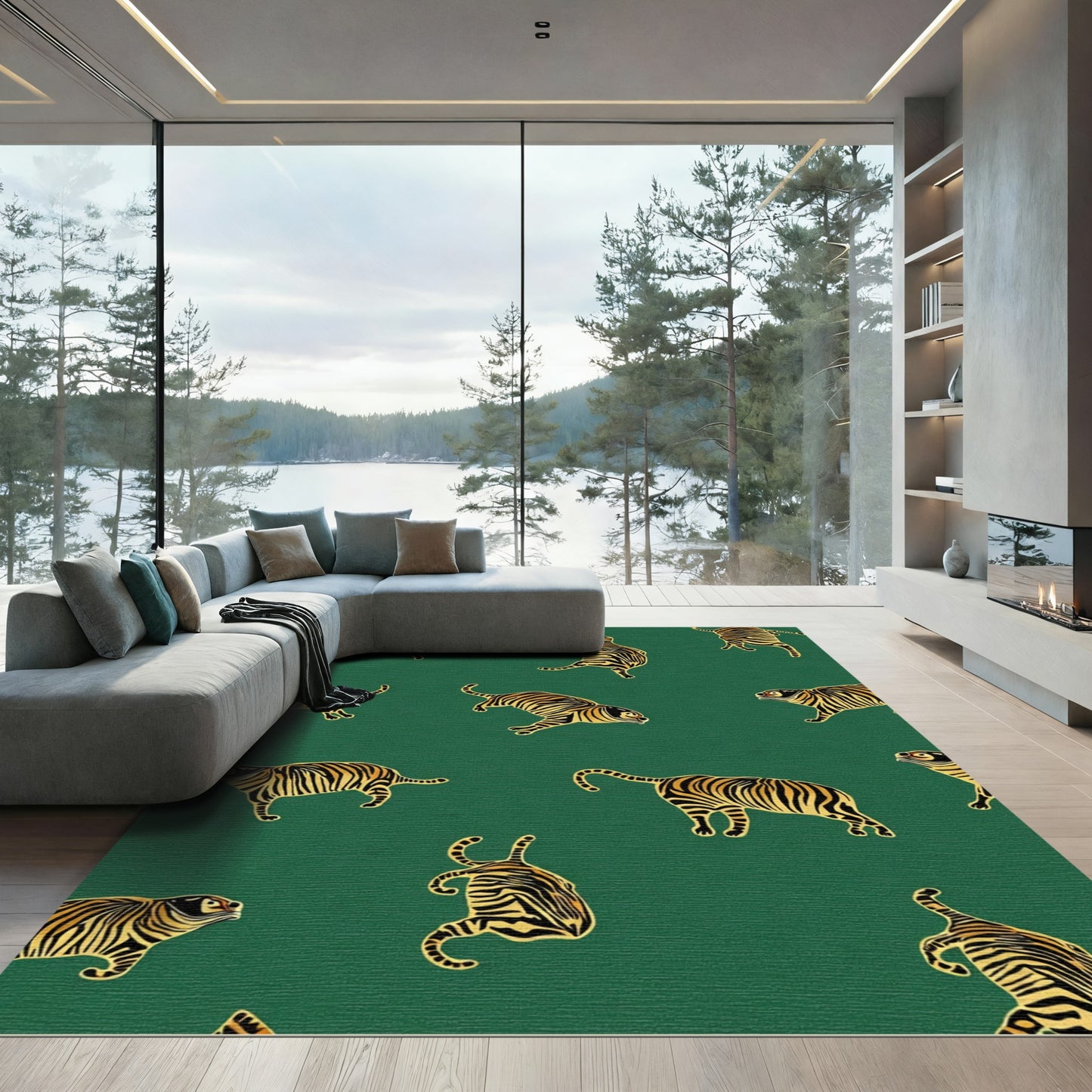 Golden Tiger Silhouette Emerald Green Rug