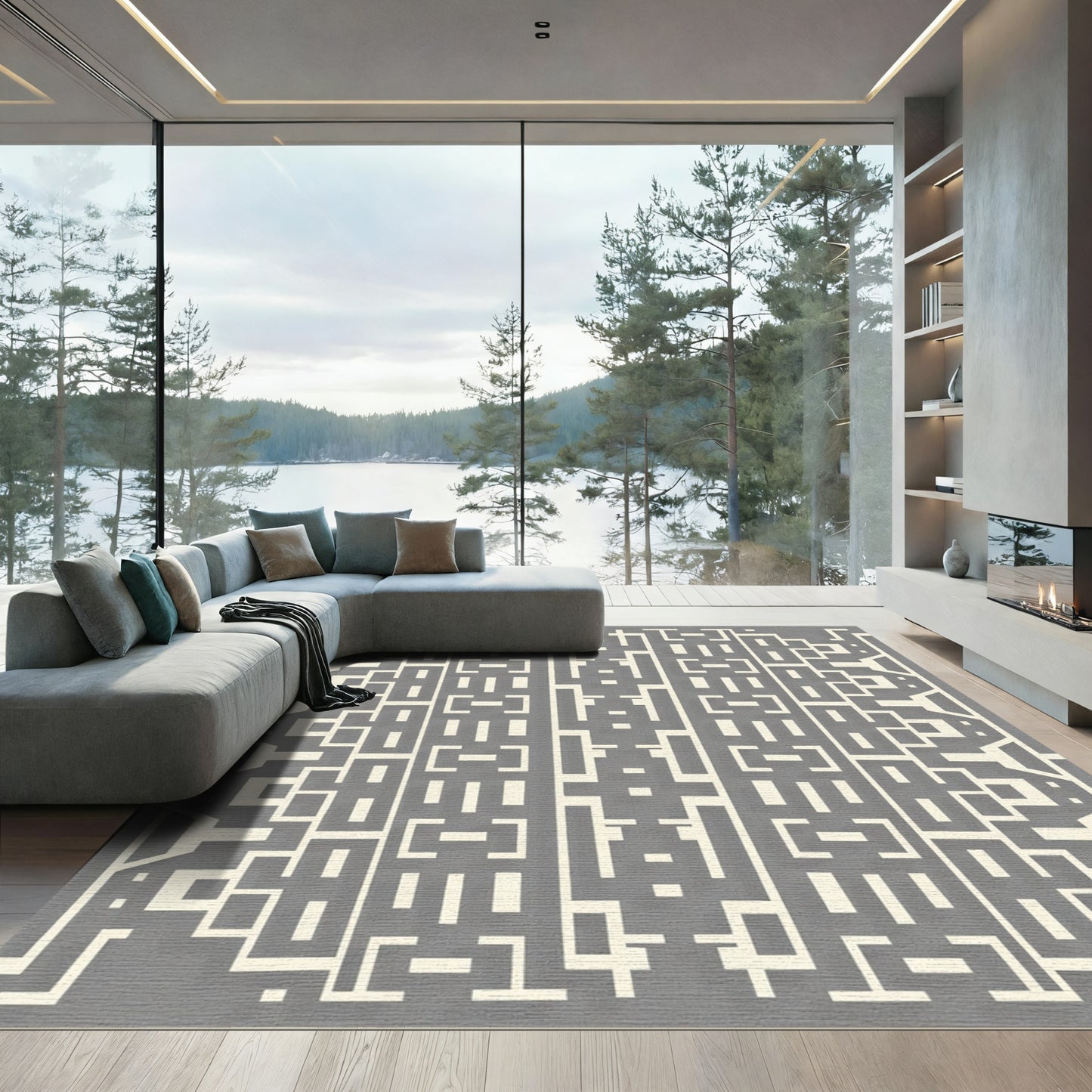Gray Beige Abstract Geometric Block Rug