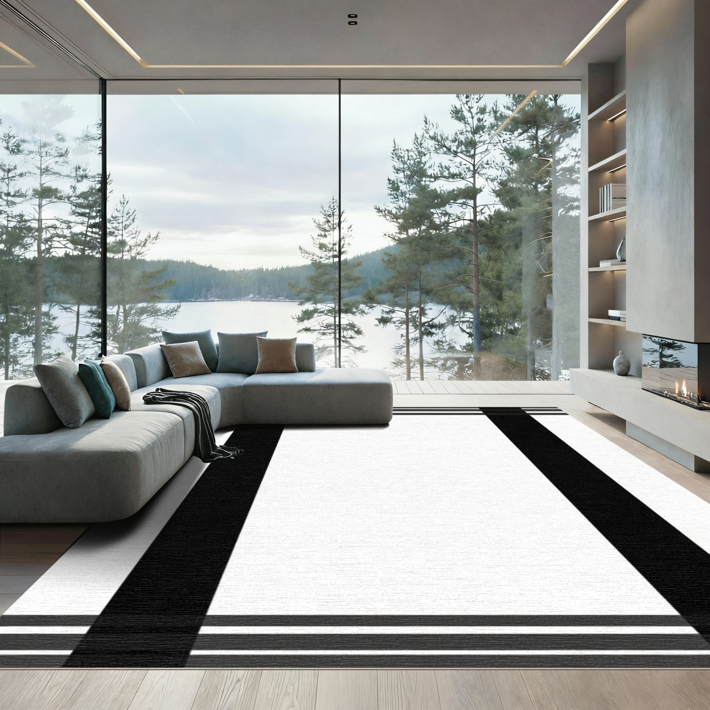 Bold Black White Plaid Border Rug