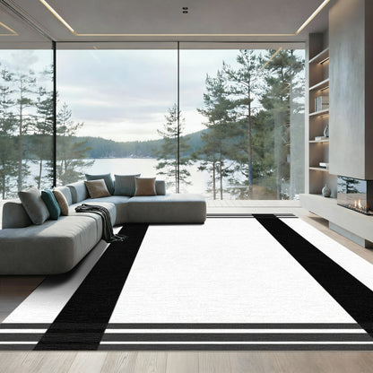 Bold Black White Plaid Border Rug