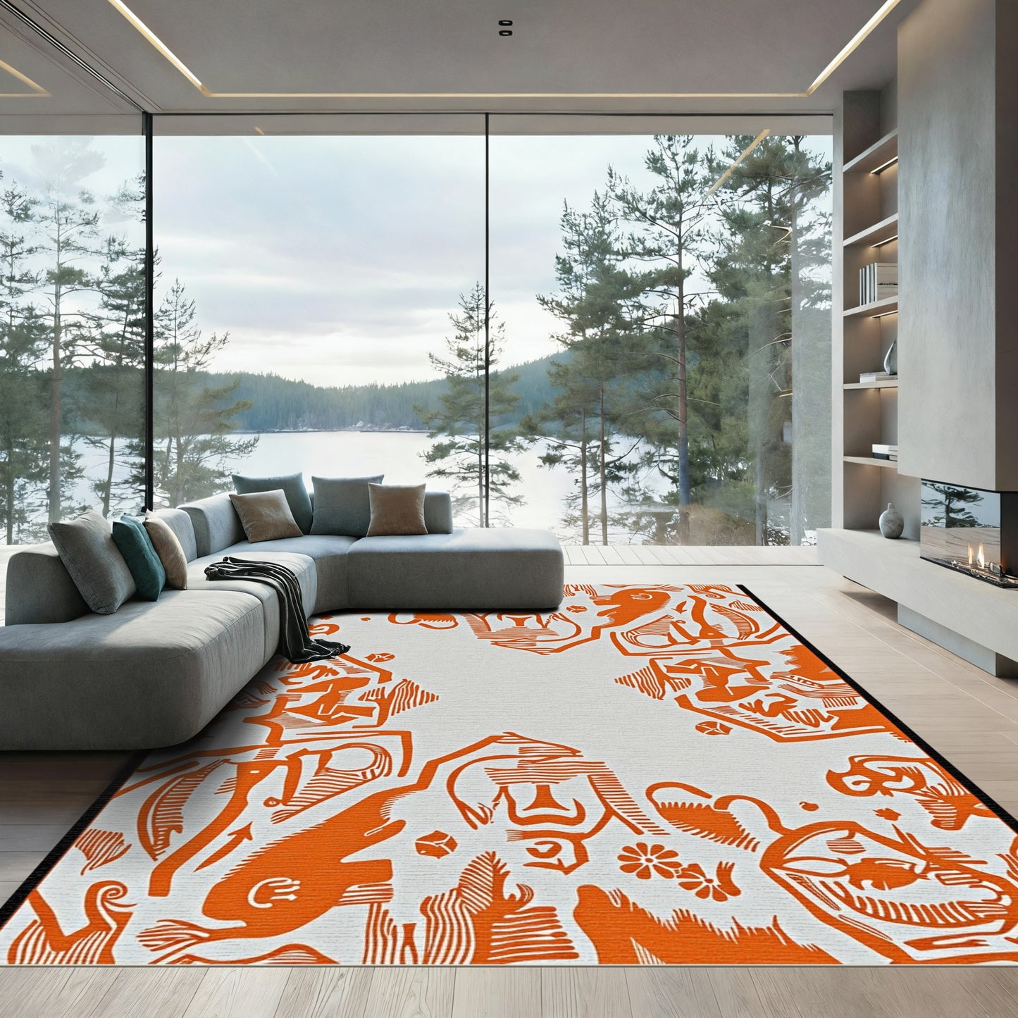 Orange Abstract Figures Folk Art Rug