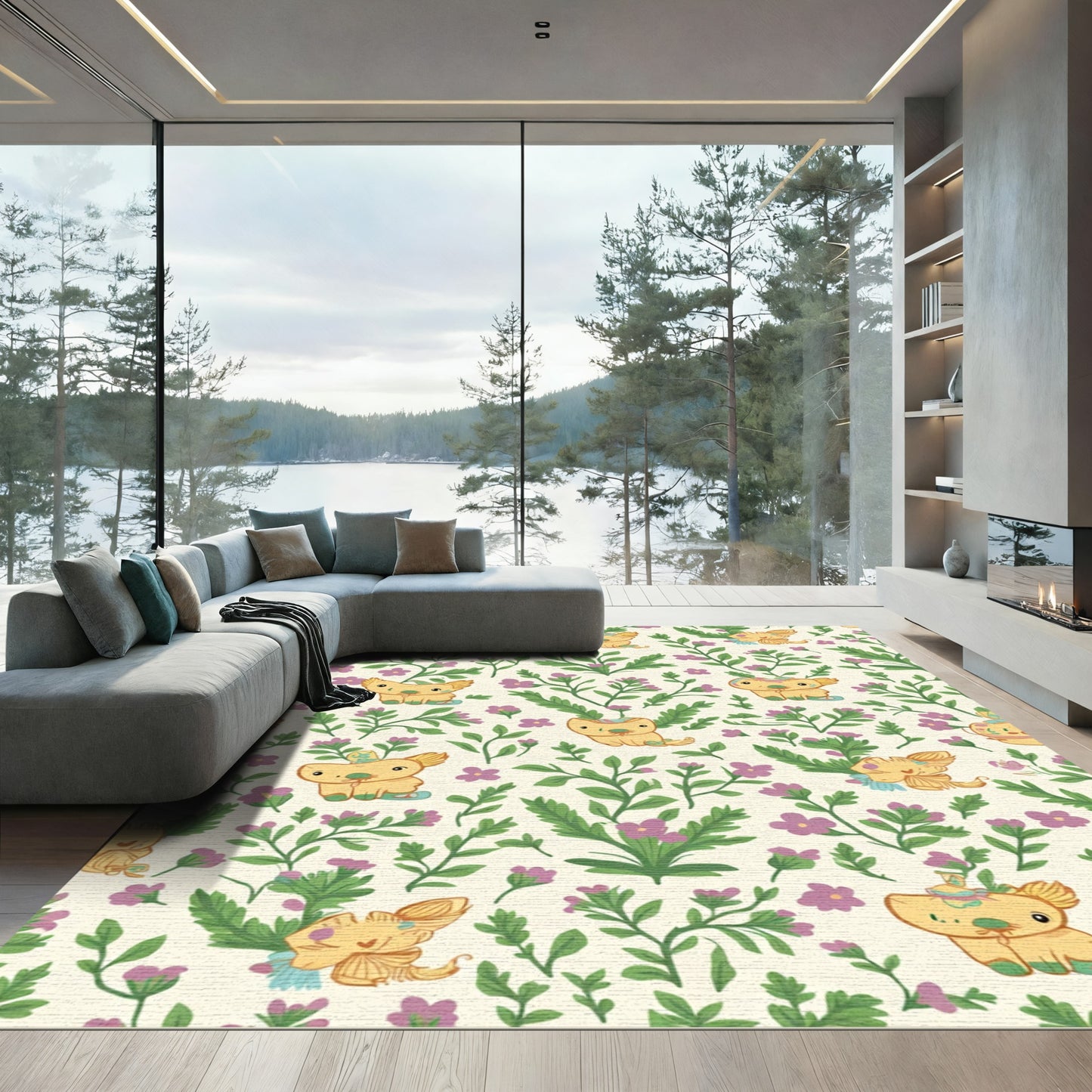 Whimsical Yellow Creatures Floral Meadow Rug