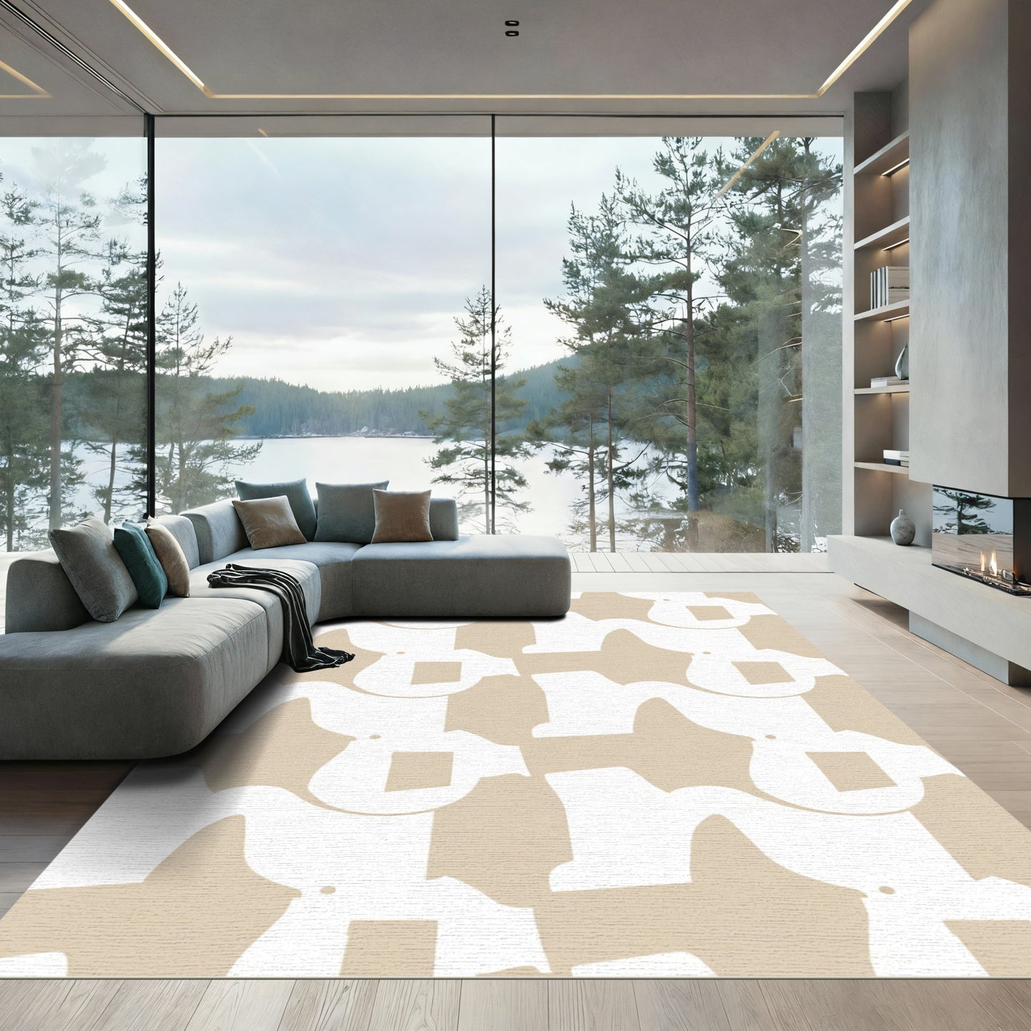 Cream White Abstract Organic Forms Rug