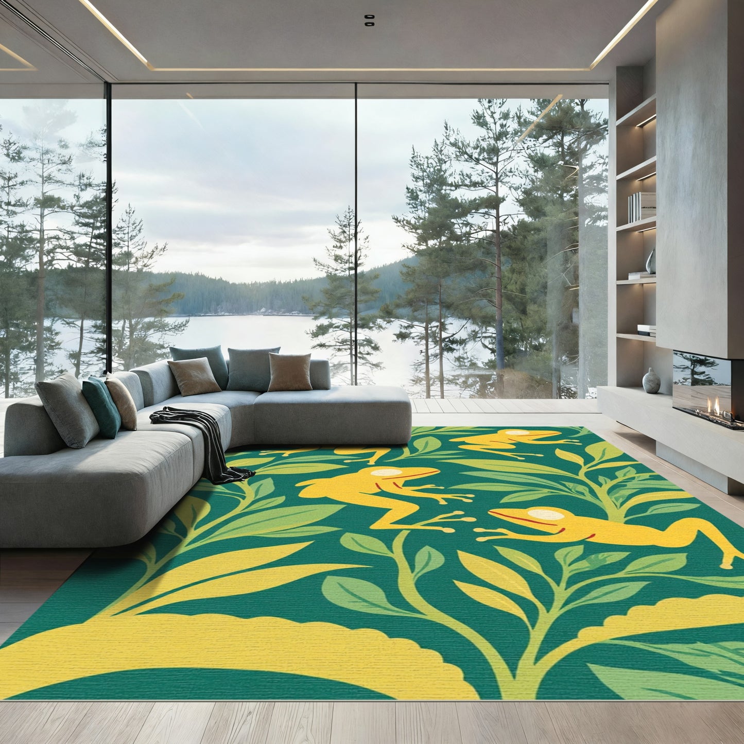 Yellow Frogs on Green Foliage Rug