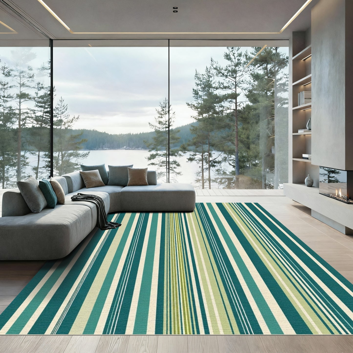 Teal Cream Khaki Striped Variation Rug