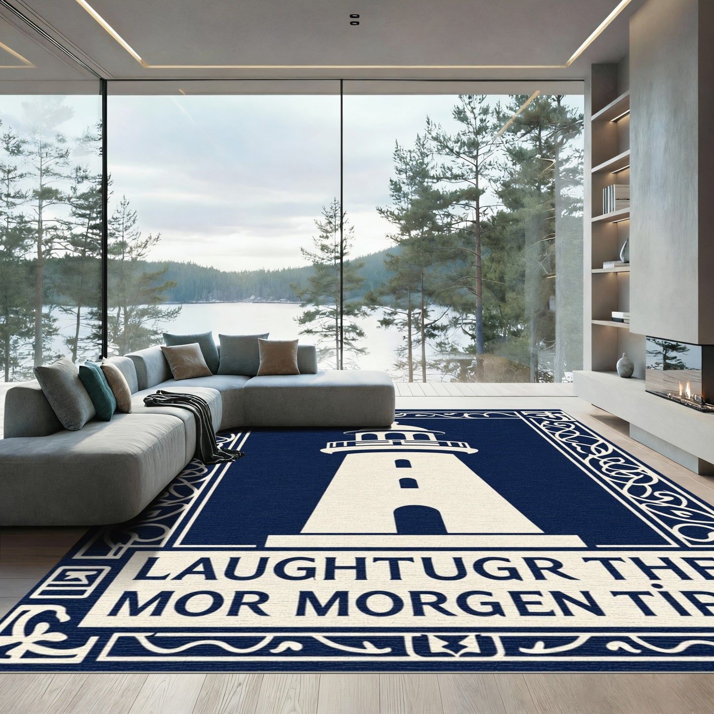Navy Cream Lighthouse Intricate Border Rug
